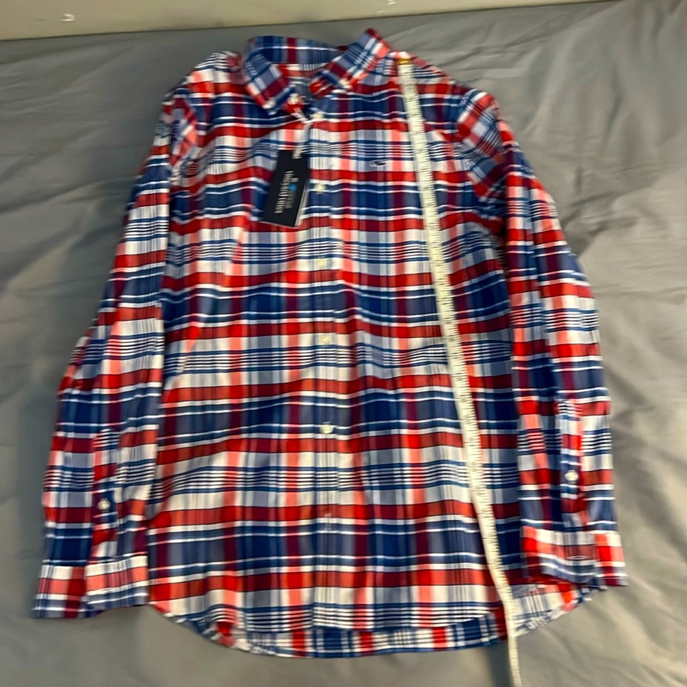 Vineyard Vines boys size XL button down shirt. Red/white/blue plaid. NWT
